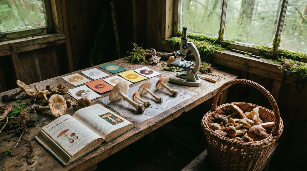 A mycologist's identification station in a damp forest cabin