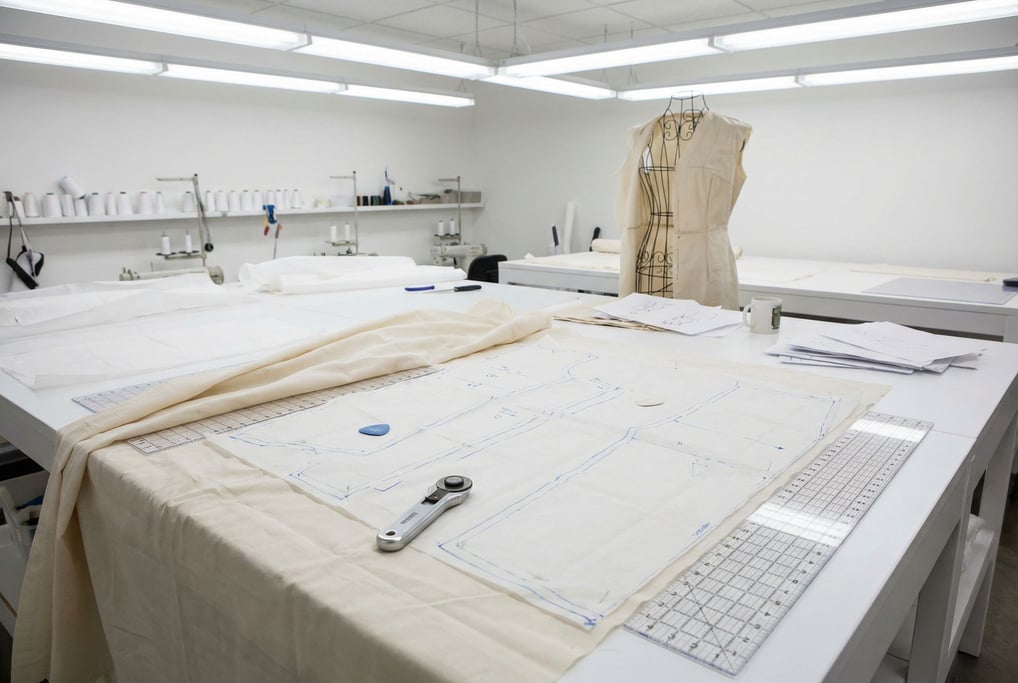 Pattern tissue pinned to draped muslin covers an enormous white cutting table — a fashion pattern-maker's universe