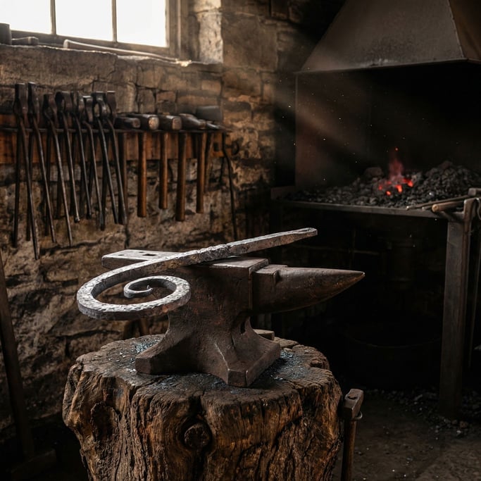 An anvil sits on a tree stump at the center of a blacksmith's forge at rest