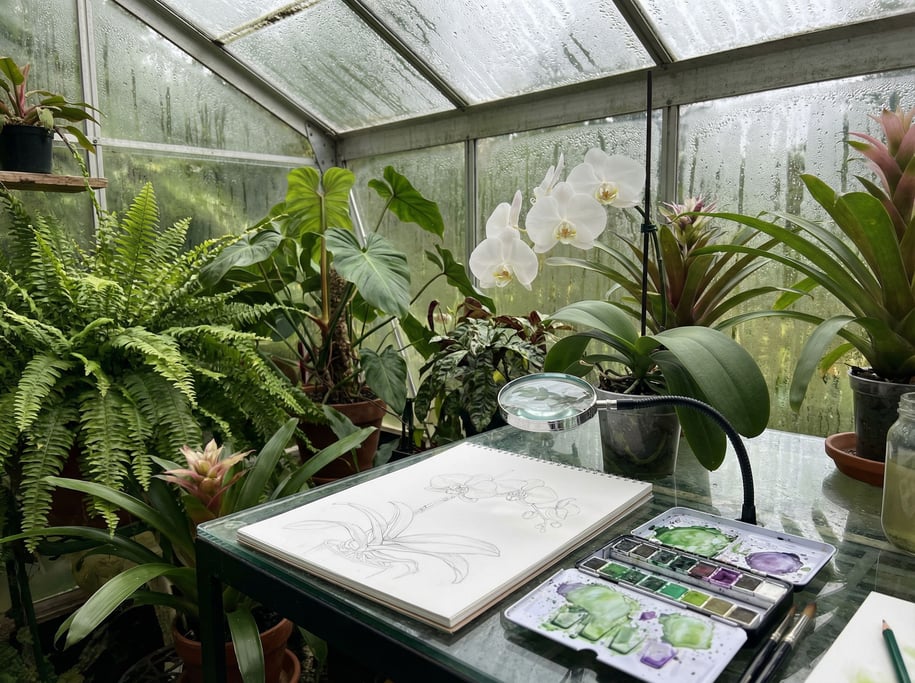 Tropical plants crowd a greenhouse workspace where a botanical illustrator works under glass