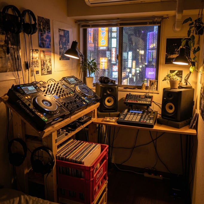 A DJ's bedroom production setup in a Tokyo micro-apartment