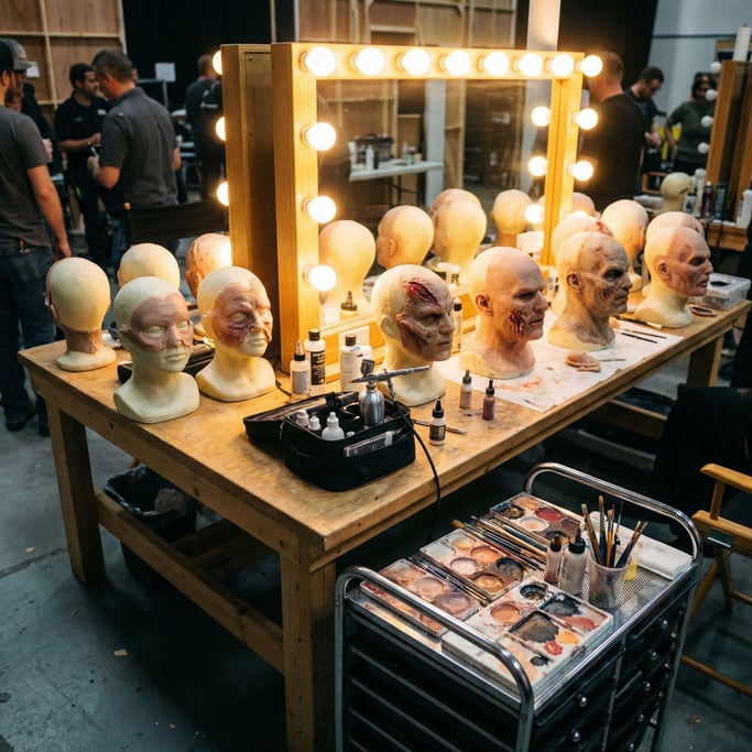 Silicone appliance pieces on foam heads line a prosthetic makeup artist's preparation station for a film set