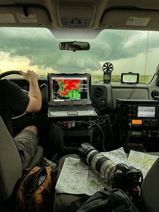 A storm chaser's mobile command vehicle interior