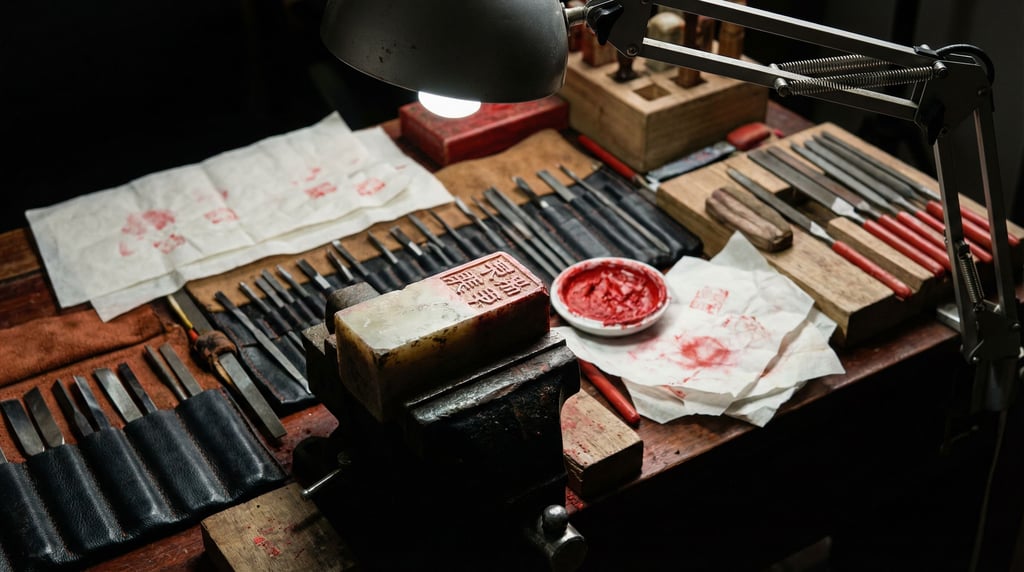 Fine chisels and files arranged by size surround a small soapstone block clamped in a vise — a Chinese seal carver's workbench where characters are being carved in mirror