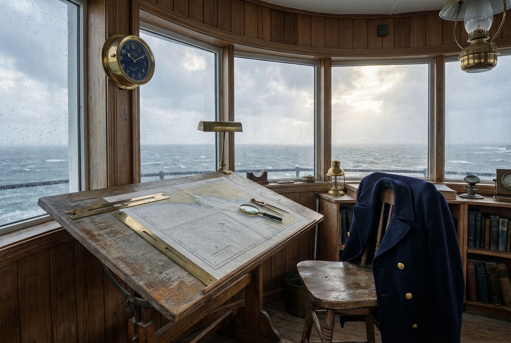 A marine chart maker's desk aboard a decommissioned lighthouse