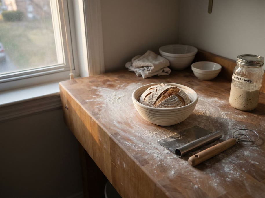 Dawn breaks over a sourdough baker's prep station: a thick butcher-block counter dusted with flour holds a proofing basket where risen dough shows precise ear-score marks