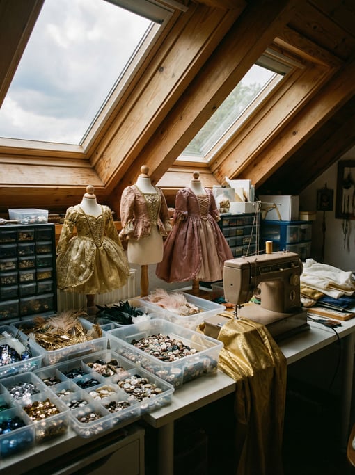 Sequins, feathers, and tiny buttons overflow from bins in a puppetry costume designer's cluttered at