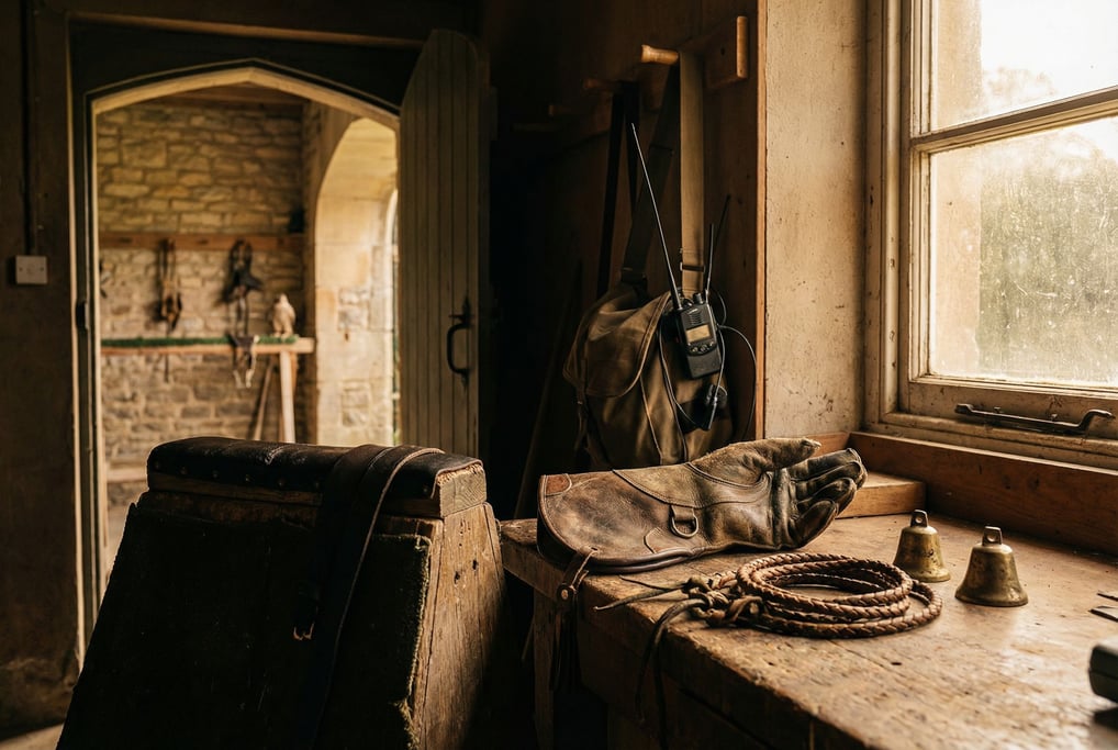 Worn smooth from years of use, a falconry gauntlet rests on a workbench beside leather jesses and br