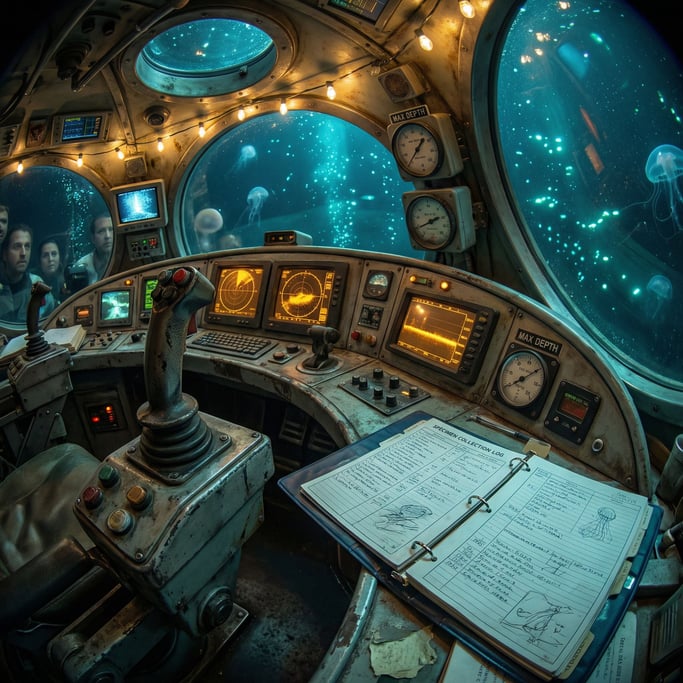 Curved console, sonar displays, depth gauges — the cramped interior of a deep-sea research submersib