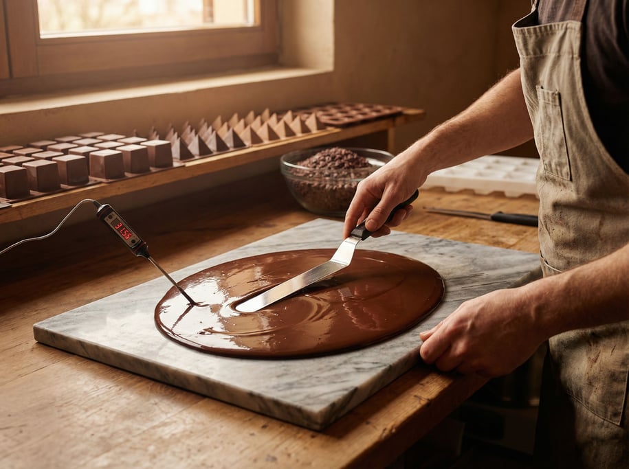 Dark chocolate pools on a marble slab as a chocolatier works it with an offset spatula — the tempering workspace at its most elemental