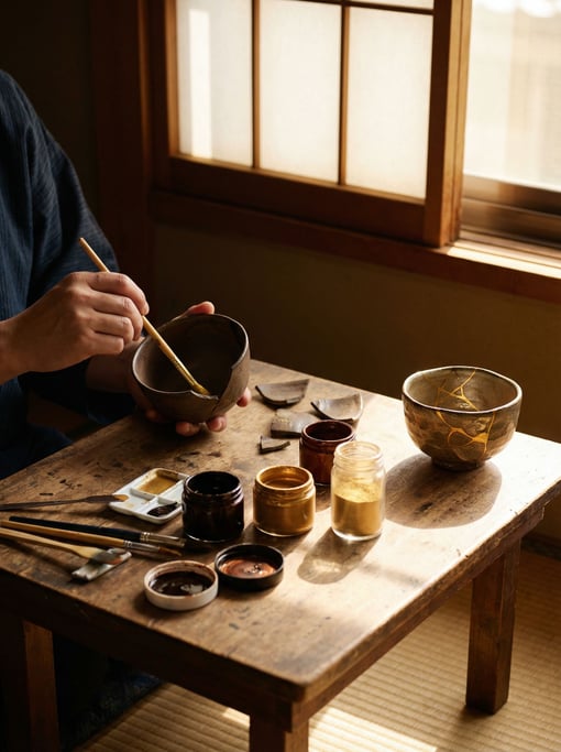 Broken becomes whole at a kintsugi repair artist's low table: ceramic pieces being fitted together with gold-laced lacquer