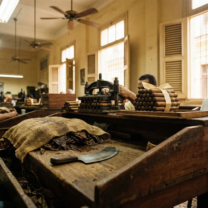 A wooden tabaco bench in a Havana workshop holds a chaveta knife and a stack of wrapper leaves kept damp under cloth