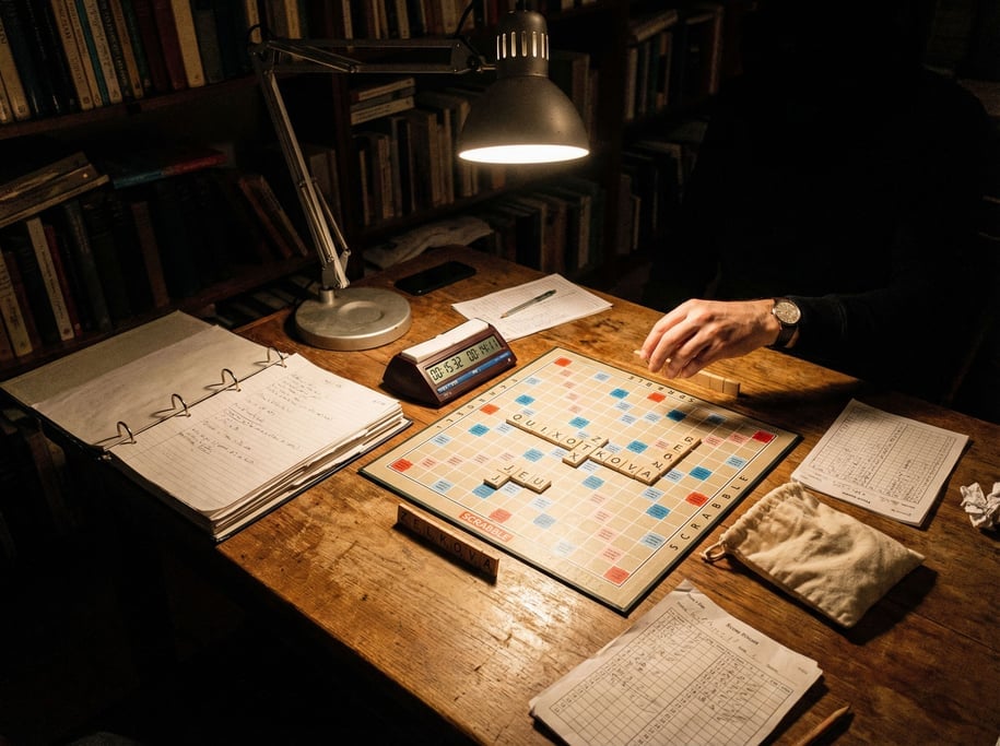Mid-game tension frozen on a competitive Scrabble player's practice station: a tournament board showing high-scoring obscure words