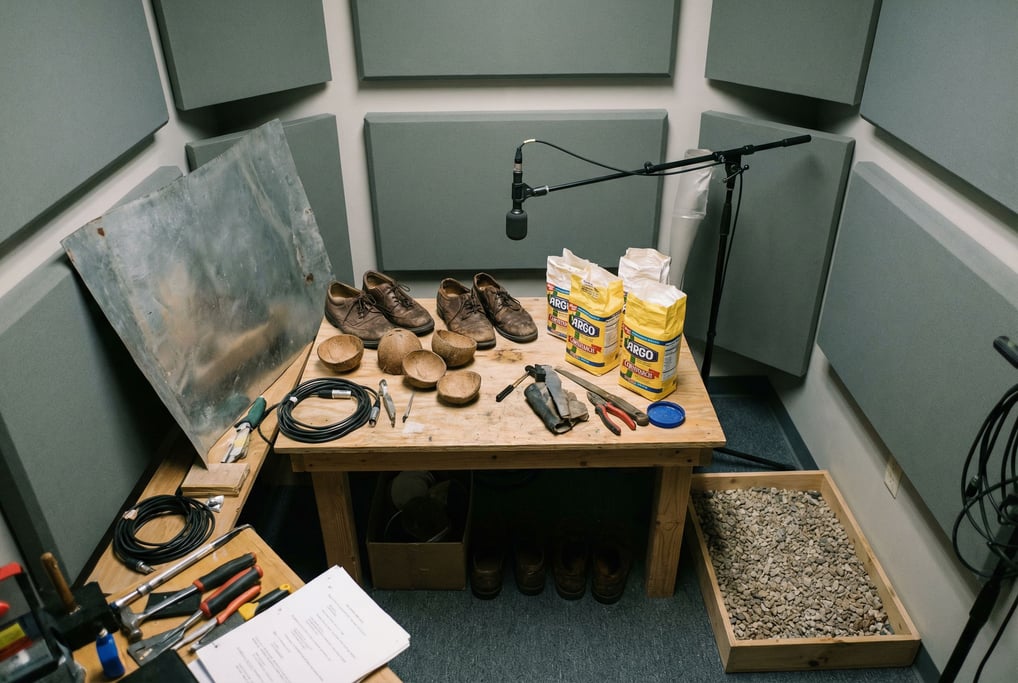 The prop table of a Foley stage tells its own story: shoes