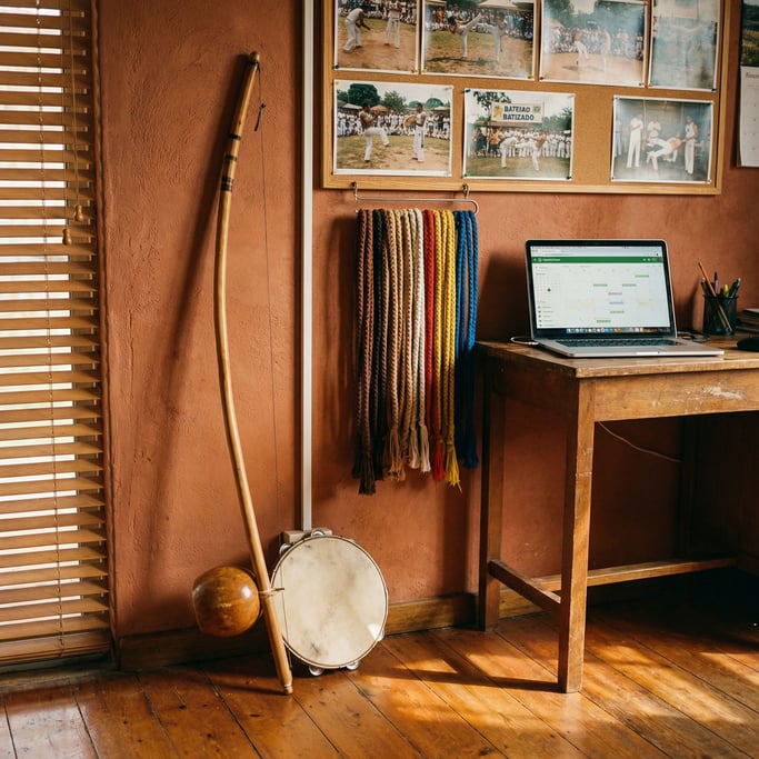 A berimbau and pandeiro lean against the wall in a capoeira mestre's studio office corner