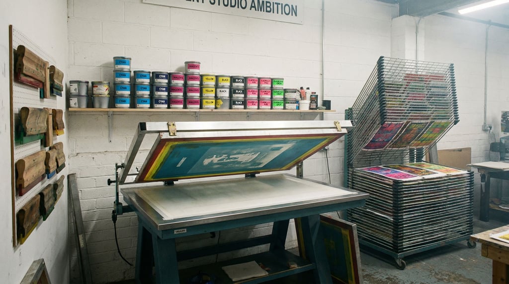 CMYK plus fluorescent: ink cans in vivid colors line a shelf above a silk screen printer's vacuum ta
