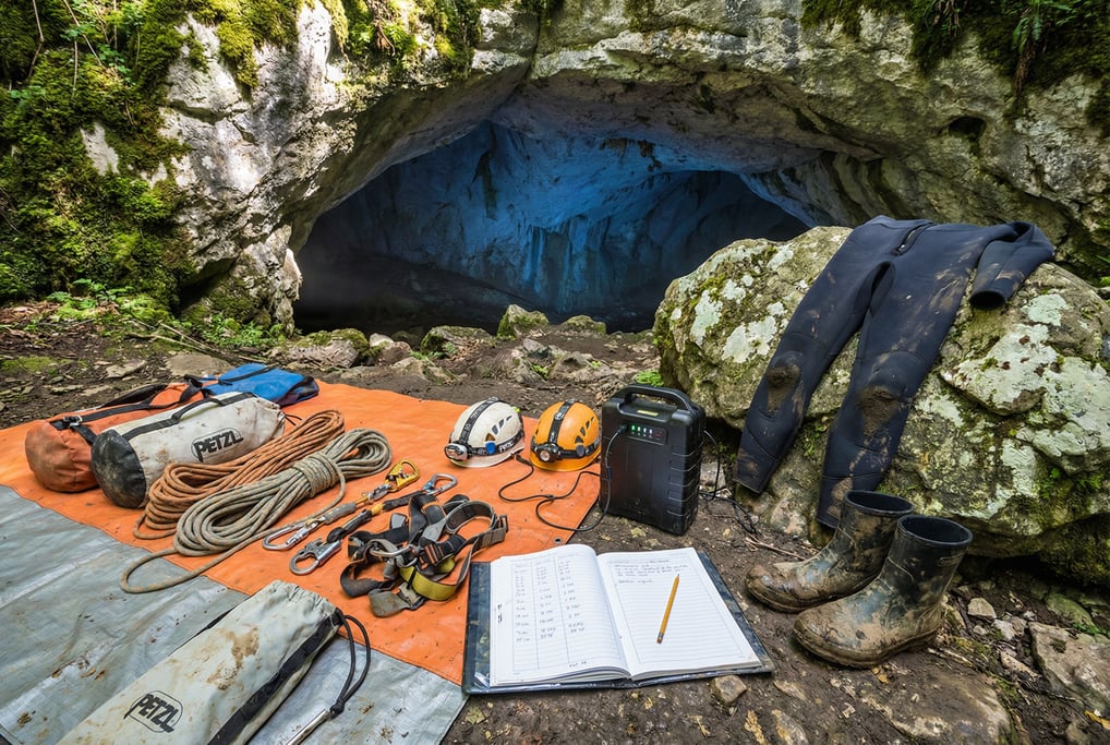 A spelunker's gear staging area in a limestone cave entrance