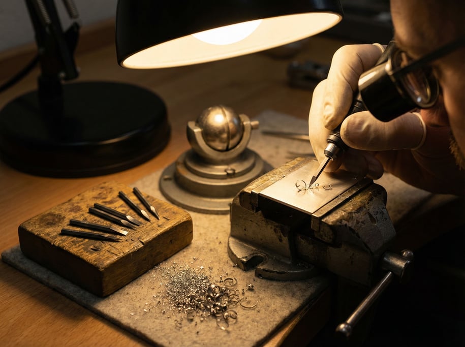 Sterling silver catches light under a jeweler's loupe as a hand-engraver's pneumatic graver traces s
