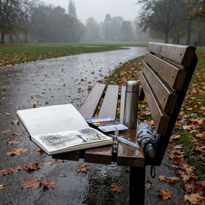 An urban sketcher's park bench setup on a rainy afternoon
