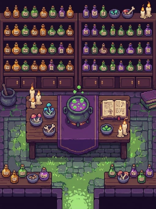Pixel art rendered in detailed top-down view: a witch's potion-brewing desk with a bubbling cauldron