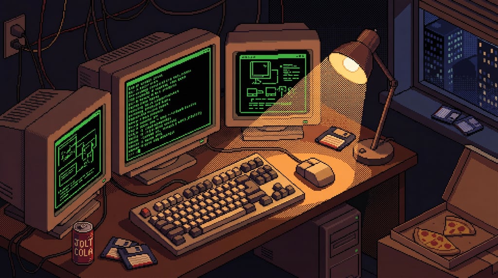 A pixel art scene of a retro hacker's desk rendered in detailed isometric projection