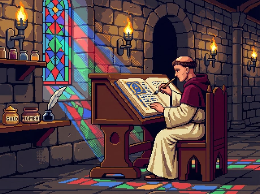 A pixel art scene of a medieval monk's scriptorium rendered in side-scroll perspective
