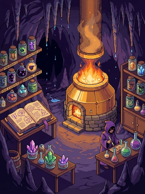 A pixel art scene of an alchemist's underground laboratory rendered in isometric detail
