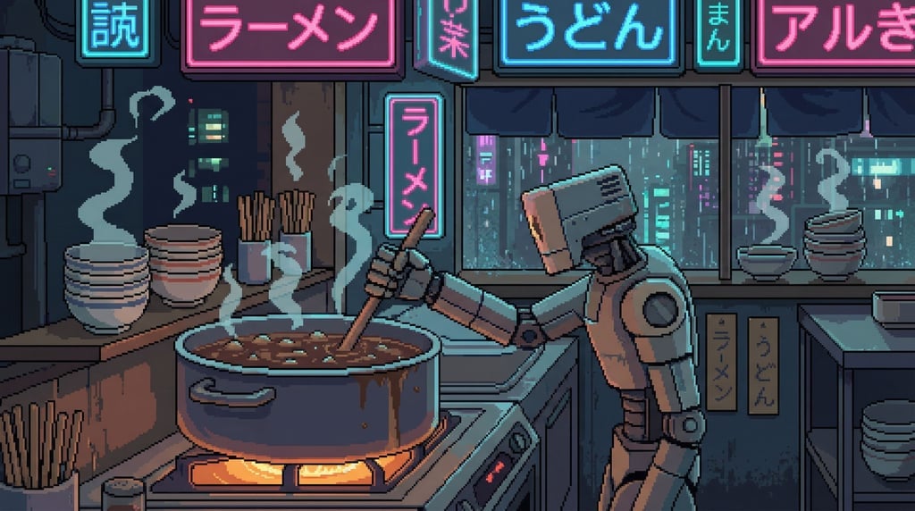 Pixel art in side-view composition: a cyberpunk ramen shop kitchen where a robotic arm stirs a massi