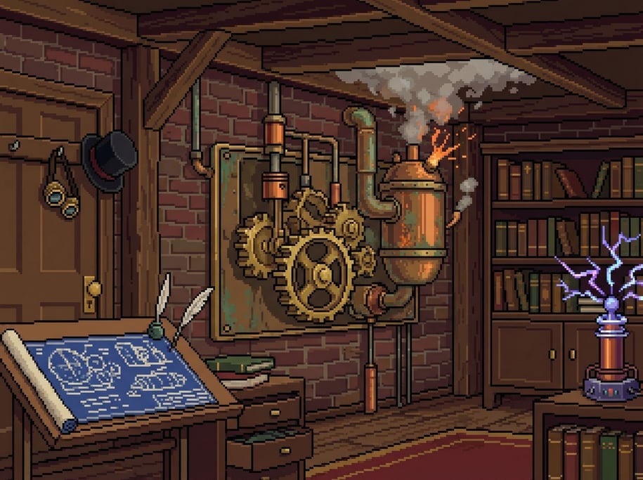 Pixel art Victorian invention: a steam-powered workshop with gears and pistons in a wall-mounted mac
