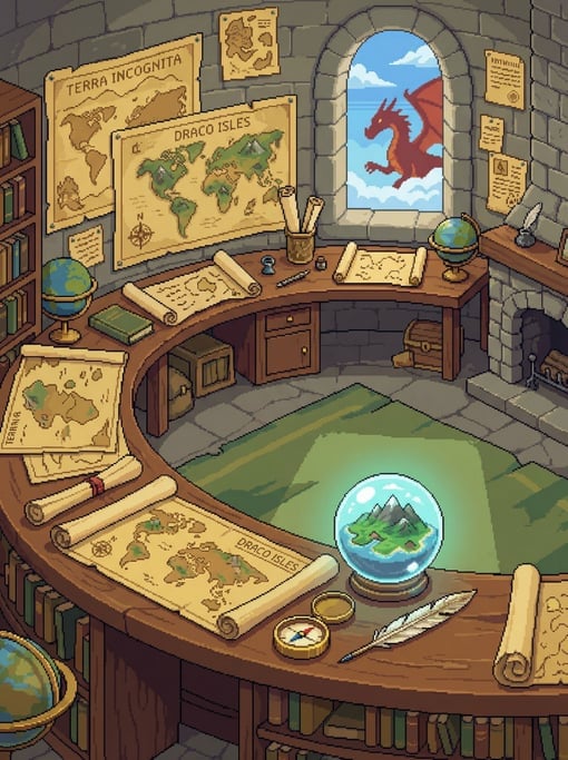 Pixel art fantasy: a cartographer's tower study built into a round turret