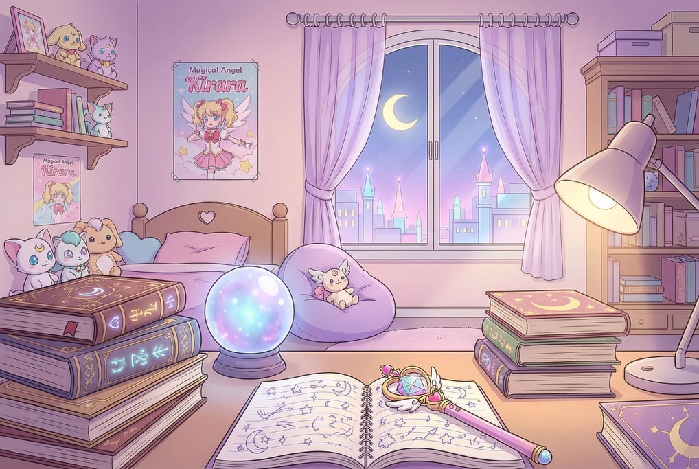 Anime-style magical girl study bedroom: spell textbooks overflow a desk beside a glowing crystal bal