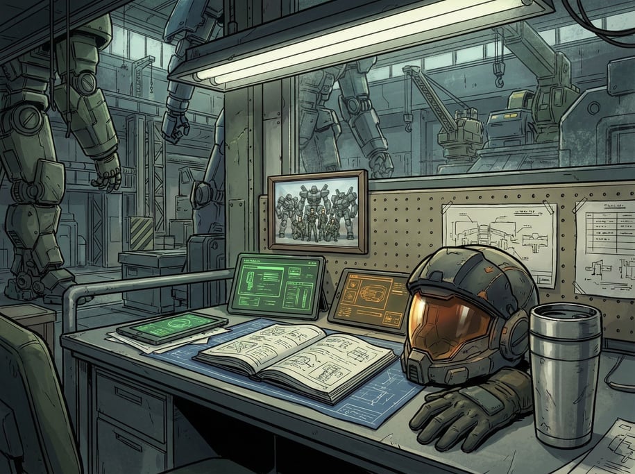 A giant robot squadron, coffee in a metal thermos cup