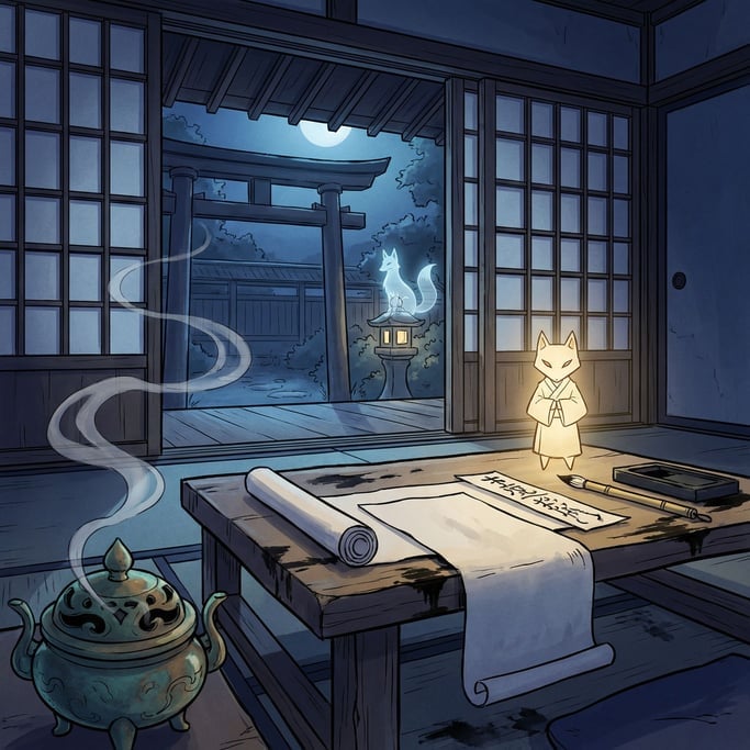 Anime-style onmyoji workspace: inside a shrine