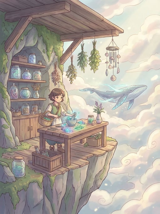 An anime-style illustration of a sky-island herbalist's cliff-edge workshop