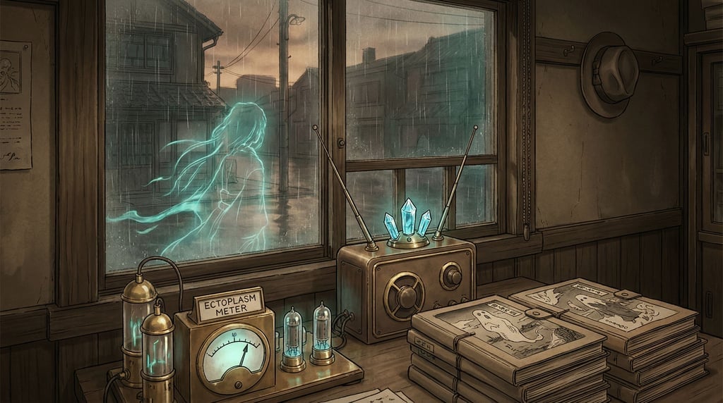 Anime-style ghost detective's office in alternate Taisho-era Japan: a wooden desk with spirit-detection equipment mixing Meiji brass instruments with supernatural elements — an ectoplasm meter