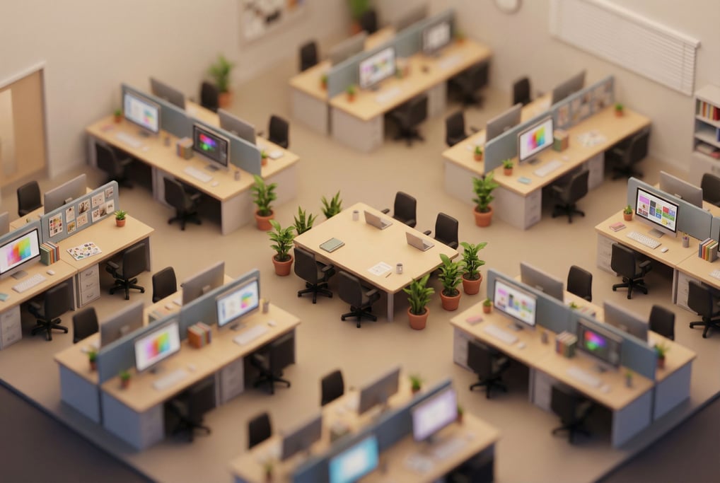 A 3D render of a miniature tilt-shift diorama of an entire creative agency floor