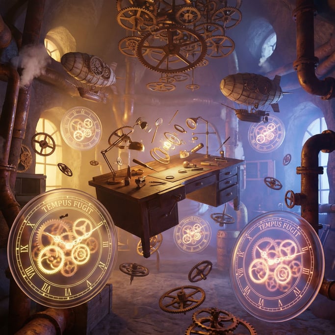 A 3D render of a fantastical clockmaker's impossible workshop