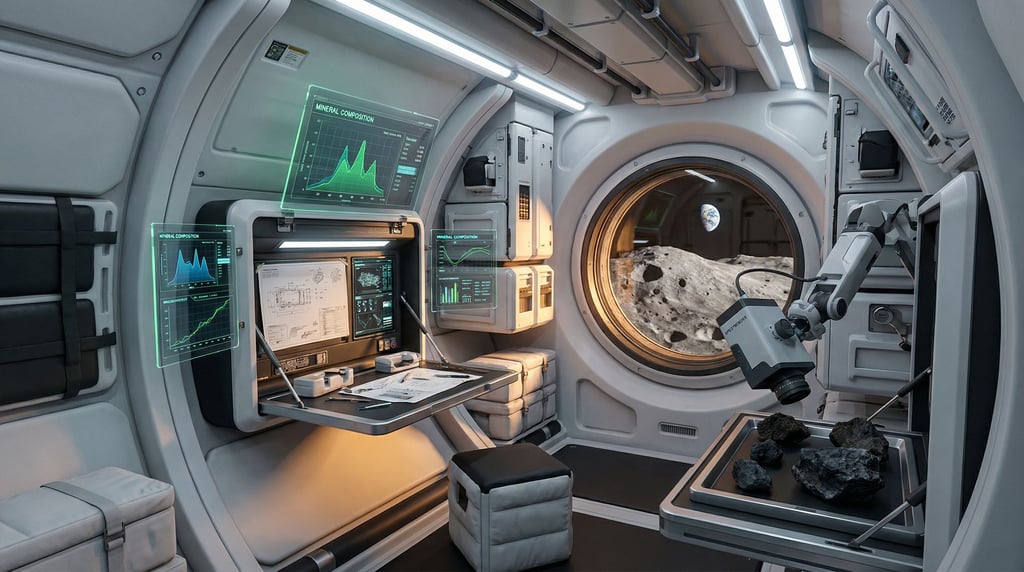 A 3D render of an asteroid mining engineer's habitat module workspace