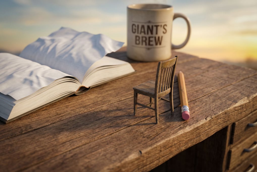 3D render at impossible scale: a giant's writing desk where a normal-sized human chair sits on the desk surface next to a pencil as tall as a tree