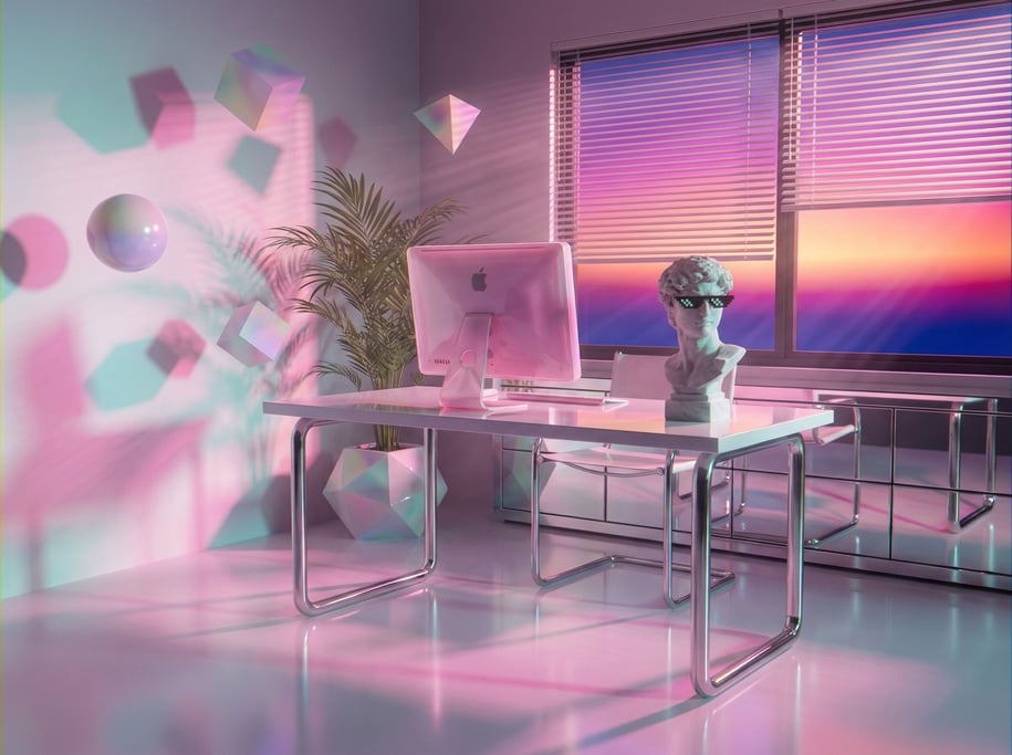 A 3D render of a vapor-wave aesthetic home office