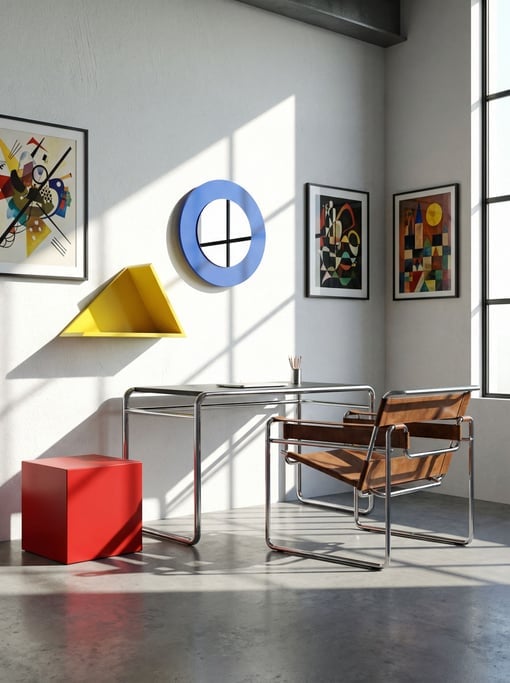 A 3D render of a Bauhaus design school workspace circa 1928 reimagined in perfect CGI