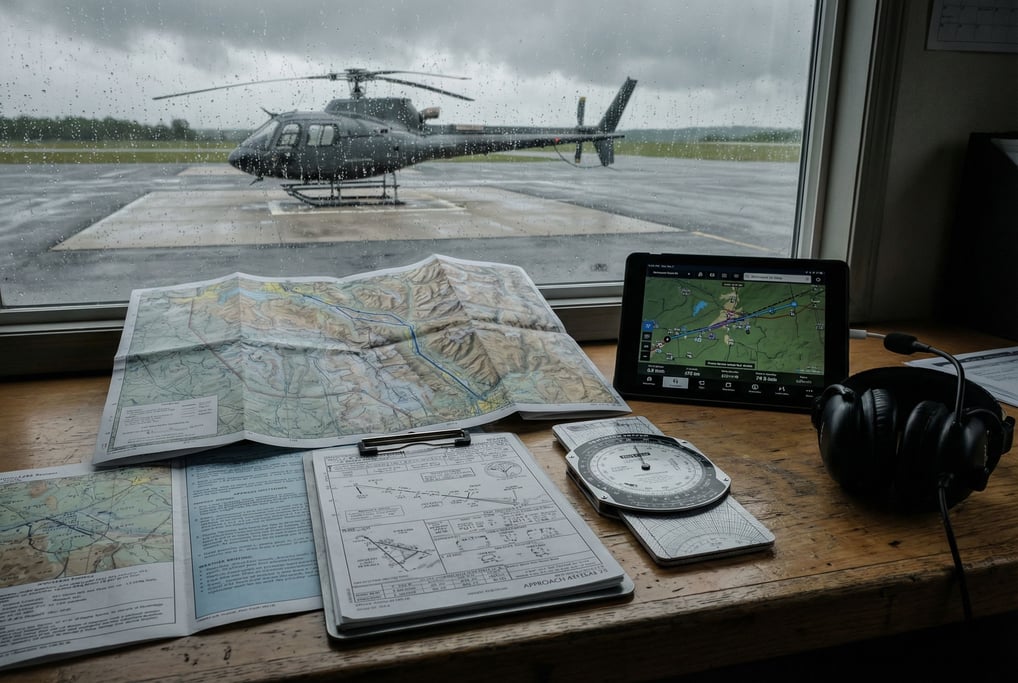 Sectional charts folded to a mountain route cover a helicopter pilot's pre-flight planning desk