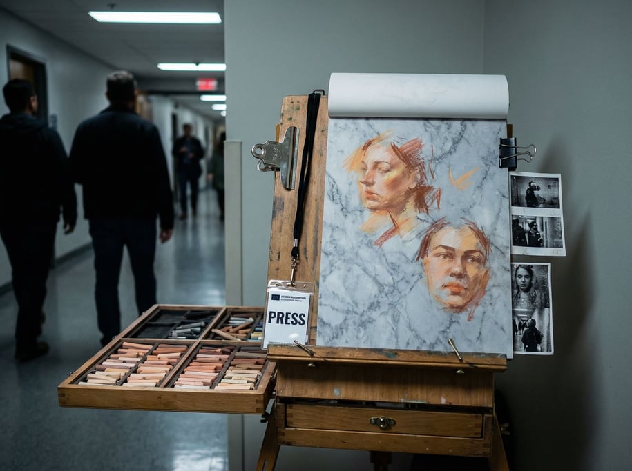 A courtroom sketch artist's portable setup in a hallway alcove
