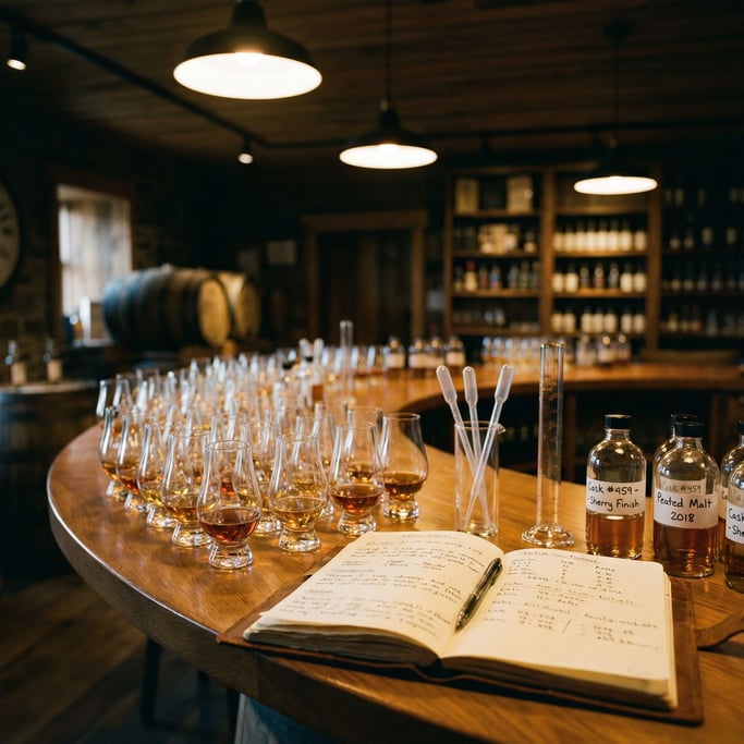 Dozens of small nosing glasses — pale gold to deep amber — line a curved wooden table in a master distiller's blending room