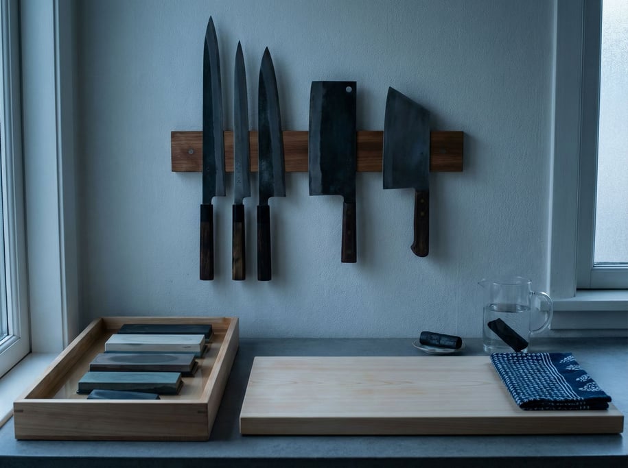 A sushi chef's personal knife station before service