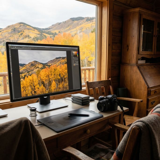 Autumn aspens fill a color-calibrated monitor in a mountain cabin — a landscape photographer's editing station at peak season