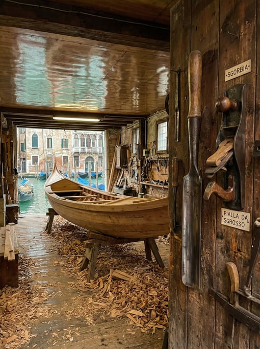 A gondola builder's squero workshop in Venice