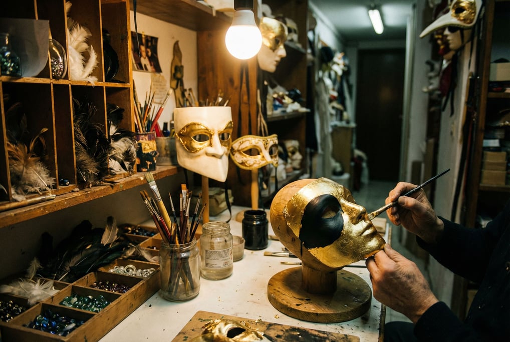 A traditional Venetian mask maker's bench in a narrow workshop