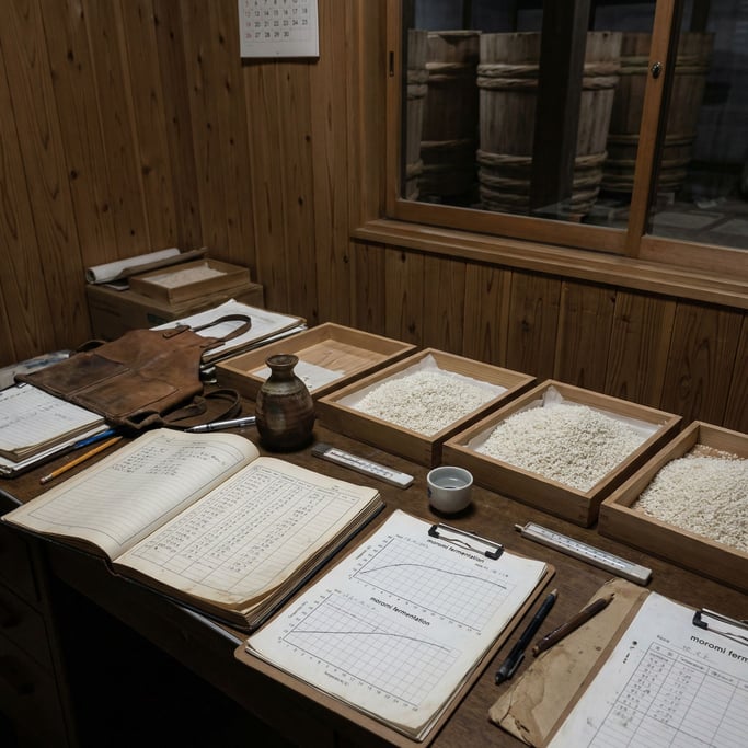 Brewing logs showing moromi fermentation temperatures fill a desk in a sake brewer's toji master office deep inside a kura brewery