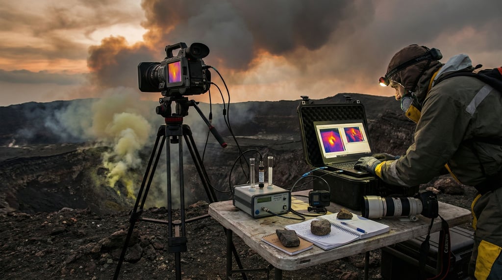 Sulfurous air rises from fumaroles visible below a volcanologist's thermal imaging station on a crater rim